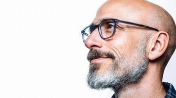 Smiling Middle Aged Man with Glasses in Profile Pose on White Background photo