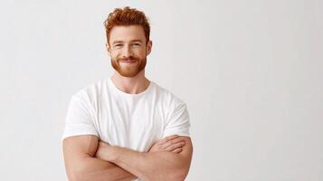 A man with red hair and beard is standing with his arms crossed photo