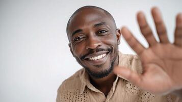 A smiling man waving his hand photo