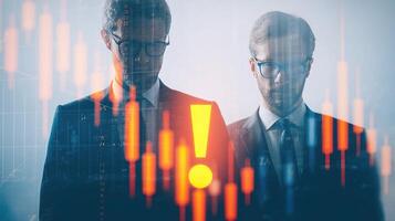 Two businessmen in suits standing in front of a stock chart photo