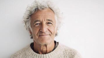 An older man with white hair and a sweater photo