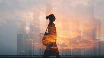 Double exposure of woman walking in city at sunset photo