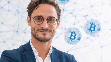 A man in glasses and a suit standing in front of a bitcoin logo photo