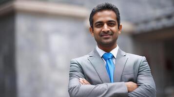 A man in a suit and tie standing outside photo