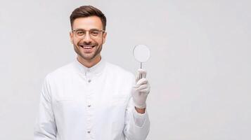 Smiling man in white lab coat holding a magnifying glass photo