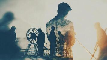 A silhouette of people standing around a construction site photo