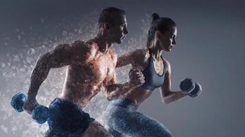 A man and woman are running together with weights photo