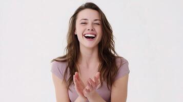A woman is laughing and clapping her hands photo
