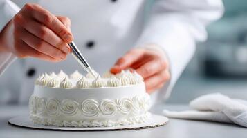 A person is cutting a white cake with a knife photo