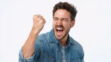 A man is screaming and making a fist photo