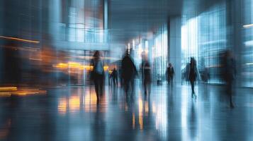 Blurred image of people walking in an office building photo