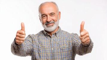 An older man with a beard and a plaid shirt giving the thumbs up photo