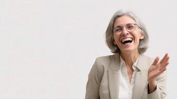 A woman laughing and waving her hands photo