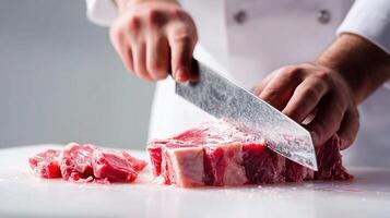 A chef cutting meat on a cutting board photo
