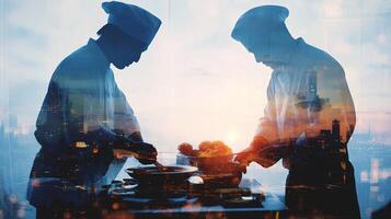 Two chefs are preparing food in front of a city skyline photo