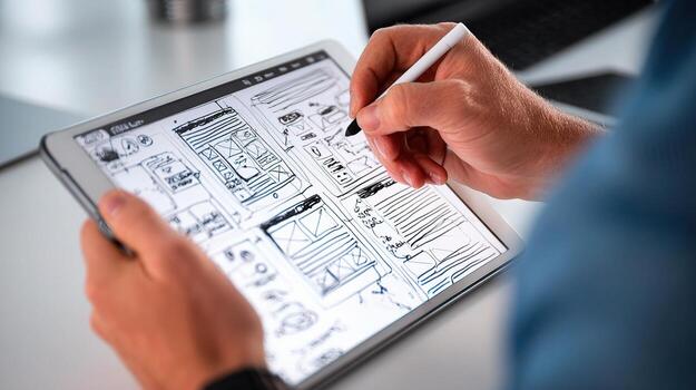 A person is using a tablet to draw on a whiteboard photo