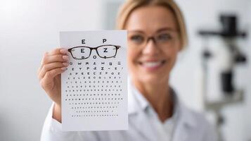 A woman in a lab coat holding up an eye chart photo