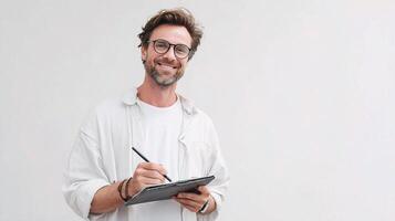 Portrait of smiling man with glasses writing on a notepad photo