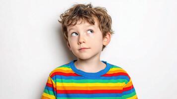 A young boy wearing a colorful shirt photo