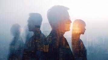 Business people in silhouette standing in front of cityscape photo