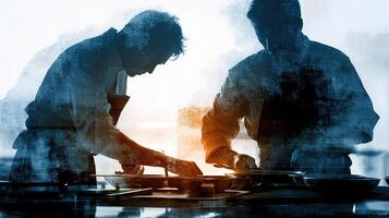 Two men in a kitchen preparing food photo