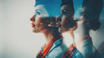 Two women in flight attendant uniforms with the city skyline in the background photo