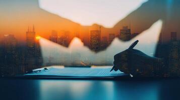 Businessman signing contract with cityscape background photo