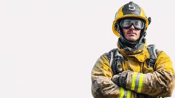 A firefighter in a yellow uniform and helmet photo
