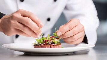 Chef preparing a dish on a plate photo