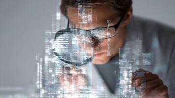 A man in glasses looking through a magnifying glass photo
