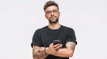 A man with tattoos and glasses holding a cell phone photo