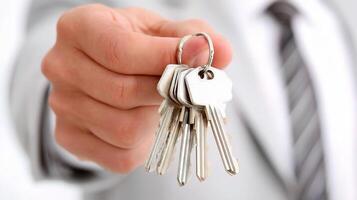 A man in a suit holding keys in his hand photo