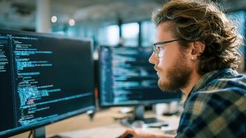 A man with glasses and a beard is working on a computer photo