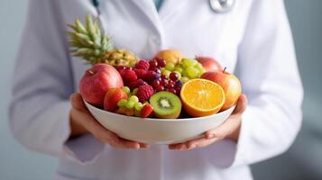 A doctor holding a bowl of fruit photo