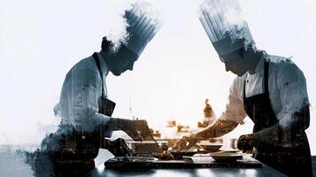 Two chefs preparing food in a restaurant photo