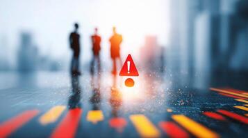 Business people standing in front of a red warning sign photo