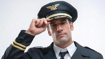 A man in uniform is adjusting his hat photo