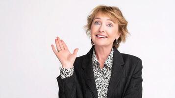 A woman in a black blazer and shirt is making a gesture photo