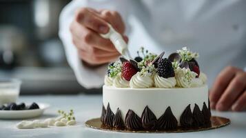 A chef is cutting a cake with berries and cream photo
