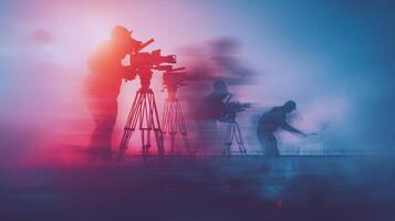 Blurred image of people with camera equipment on a foggy day photo
