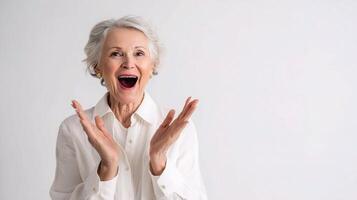 An older woman is making a surprised face photo