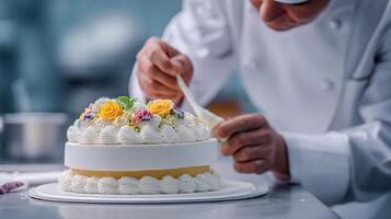 A chef is decorating a cake photo