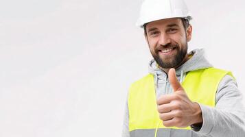 A man in a hard hat and vest giving the thumbs up photo