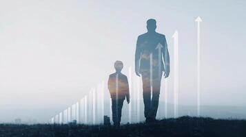 A man and a child are standing on a hill with arrows pointing up photo