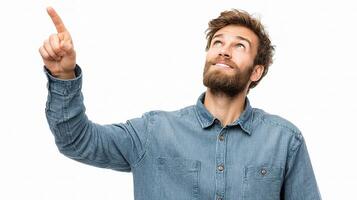 A man is pointing up with his finger photo