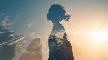 Double exposure of a woman in front of skyscrapers photo