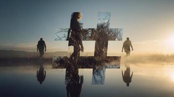 Three people standing in the water with a reflection of a hashtag photo