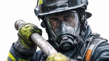 A firefighter wearing a gas mask and holding a large stick photo