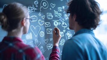 A man and woman are drawing on a blackboard with social icons photo