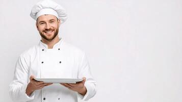 A smiling man in a chef hat holding a plate photo